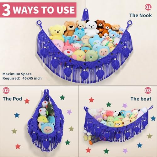 Navy Blue Stuffed Animal Storage Hammock with LED Star Light