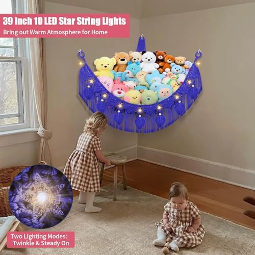 Navy Blue Stuffed Animal Storage Hammock with LED Star Light