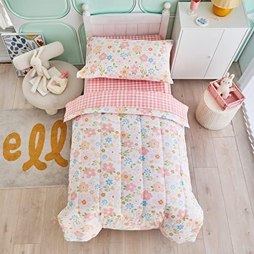 Joyreap 4 Piece Toddler Bedding Set with Pink Flowers Design