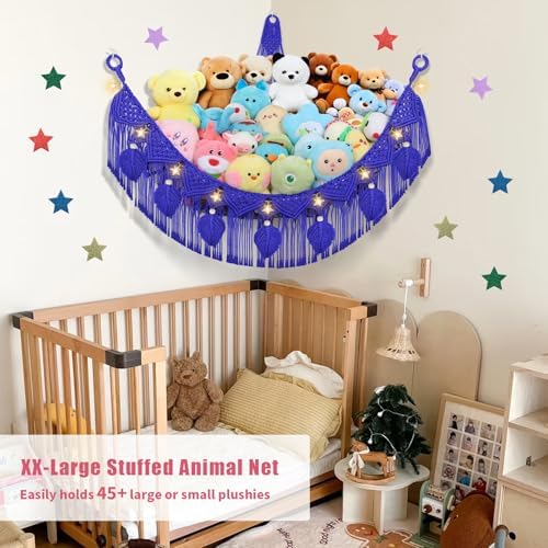 Navy Blue Stuffed Animal Storage Hammock with LED Star Light
