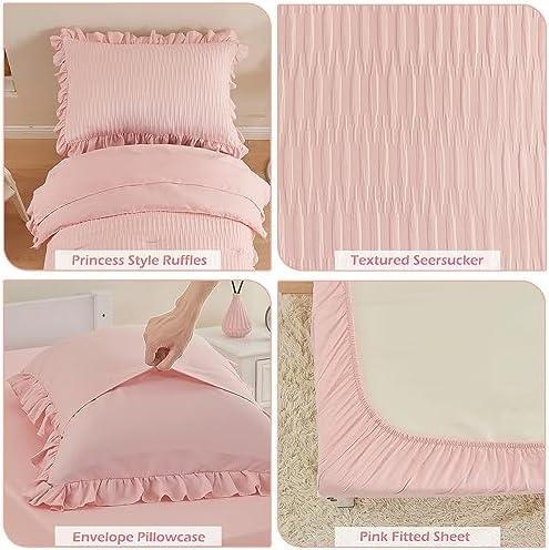 Cozyholy 4 Piece Seersucker Toddler Bedding Set with Pink Ruffles