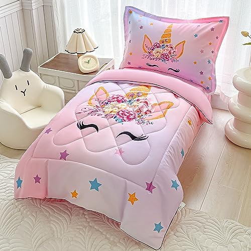 VIVILINEN Toddler Bedding Set 4 Piece Pink Unicorn Stars 1