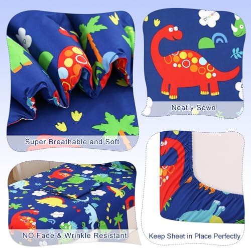 Wowelife Dinosaur Toddler Bedding Set 4 Piece Blue Bed-in-a-Bag