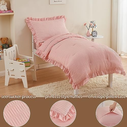 Cozyholy 4 Piece Seersucker Toddler Bedding Set with Pink Ruffles
