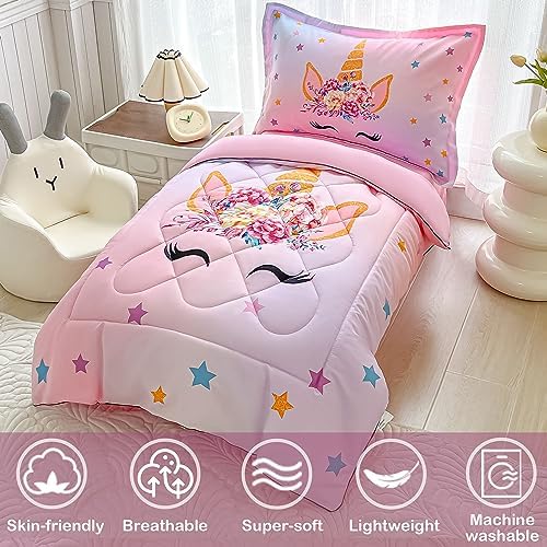 VIVILINEN Toddler Bedding Set 4 Piece Pink Unicorn Stars 1
