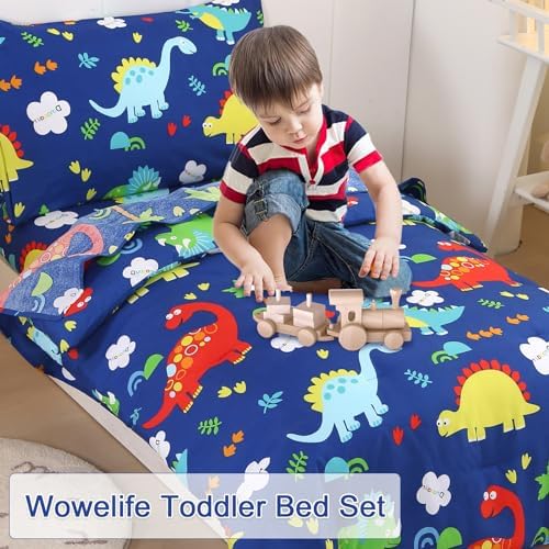 Wowelife Dinosaur Toddler Bedding Set 4 Piece Blue Bed-in-a-Bag