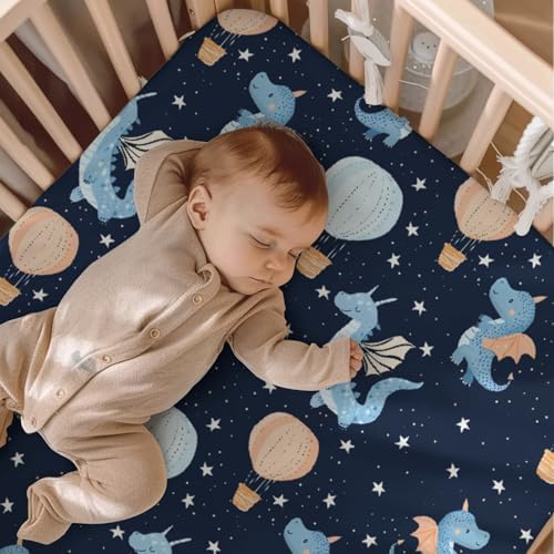 KuphiL10C Cartoon Dragons Hot Air Balloons Stars Pattern Crib Sheet