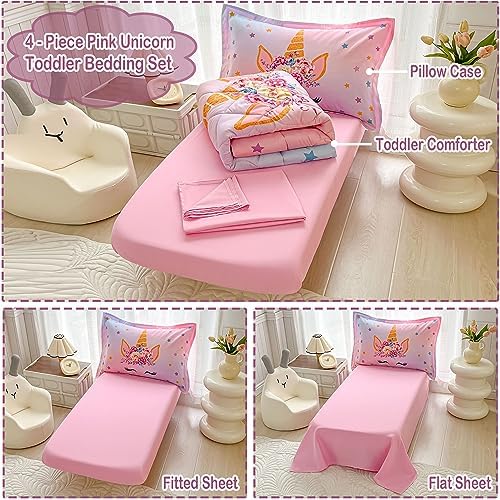 VIVILINEN Toddler Bedding Set 4 Piece Pink Unicorn Stars 1
