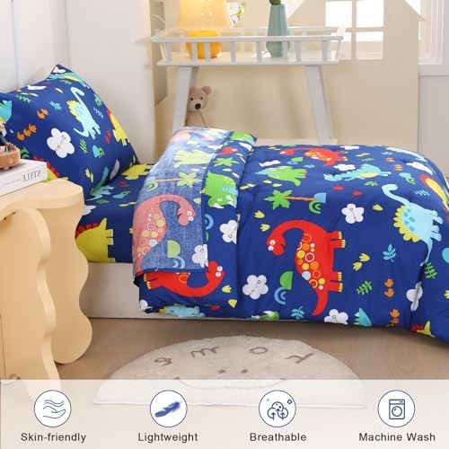 Wowelife Dinosaur Toddler Bedding Set 4 Piece Blue Bed-in-a-Bag