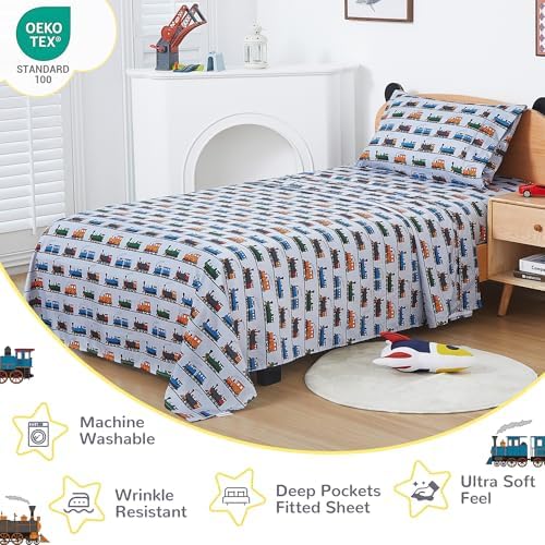 Viviland 3-Piece Twin Sheet Set for Boys with Retro Train Print