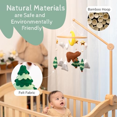TINITIGIES Woodland Bear Crib Mobile - Natural Wood Nursery Decor