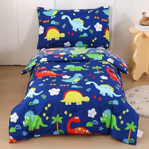Wowelife Dinosaur Toddler Bedding Set 4 Piece Blue Bed-in-a-Bag