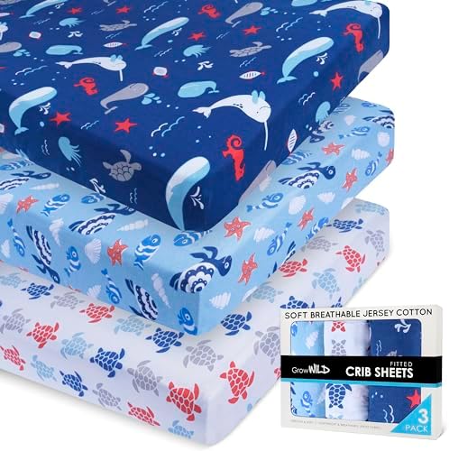 GROW WILD Blue Ocean Baby Crib Sheets for Boys 3 Pack 1