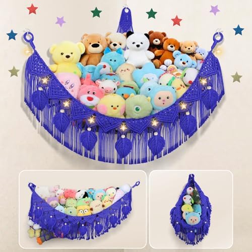 Navy Blue Stuffed Animal Storage Hammock with LED Star Light