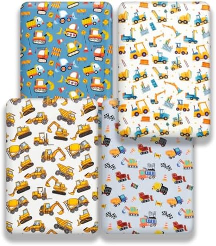4 Pack Baby Boy Crib Sheets Set Construction Truck Dinosaur Theme