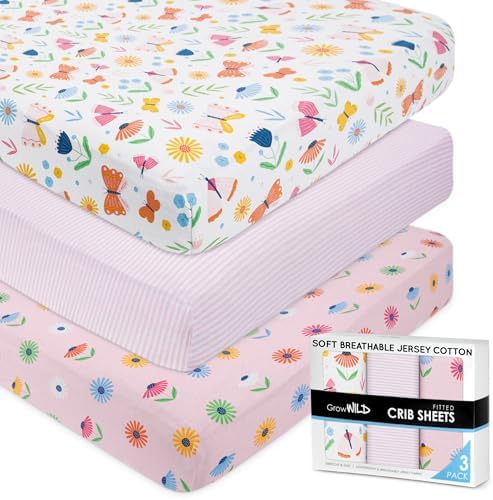 GROW WILD Butterflies Flowers Crib Sheets Girl 3 Pack