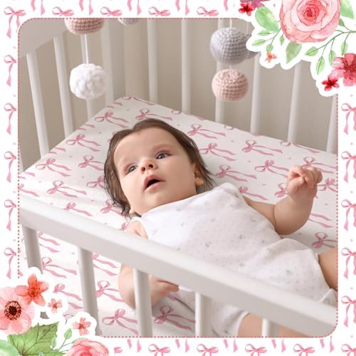 Pink Bow Crib Sheets for Girls 2 Pack Fitted