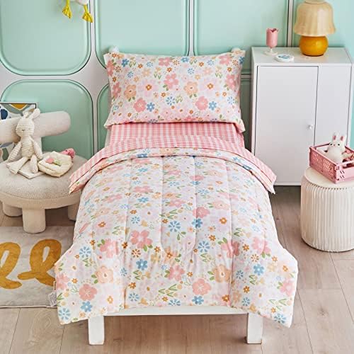 Joyreap 4 Piece Toddler Bedding Set with Pink Flowers Design