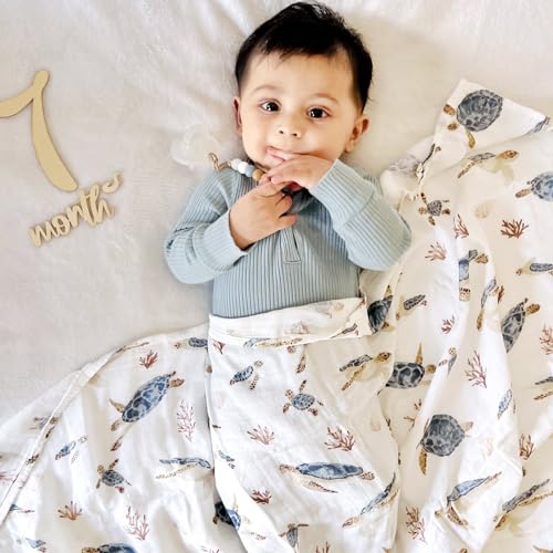 LifeTree Muslin Swaddle Blanket - Neutral with Sea Turtle Print