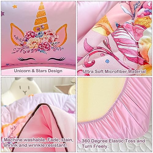VIVILINEN Toddler Bedding Set 4 Piece Pink Unicorn Stars 1