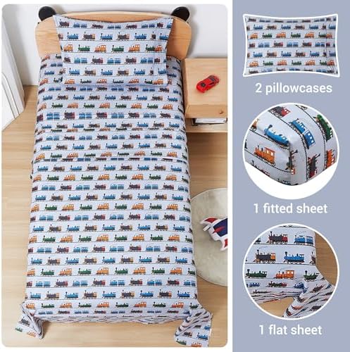Viviland 3-Piece Twin Sheet Set for Boys with Retro Train Print